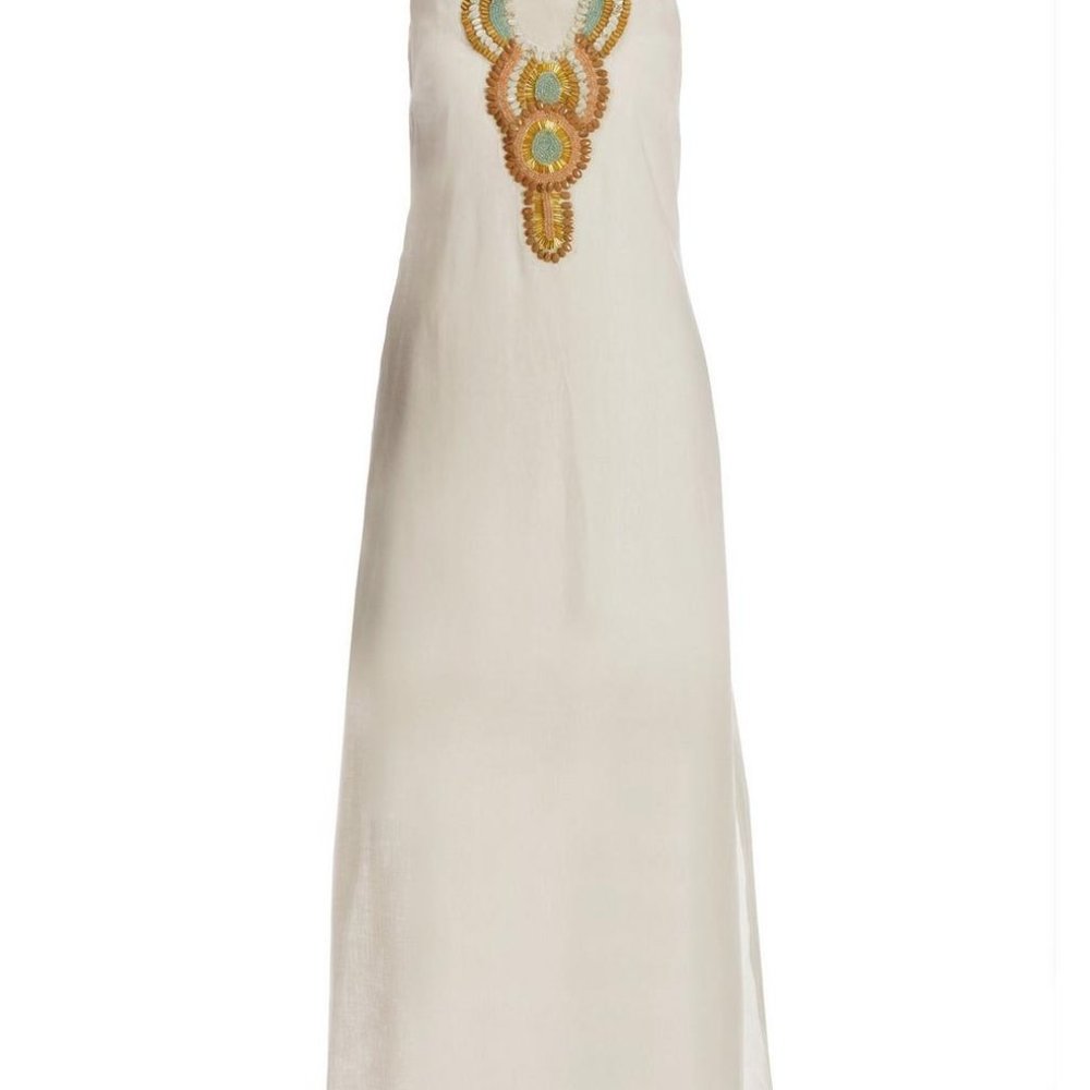 Boston Proper Sleeveless 100% Linen Off-White Beaded Embellished Maxi XS NWT - Picture 2 of 8